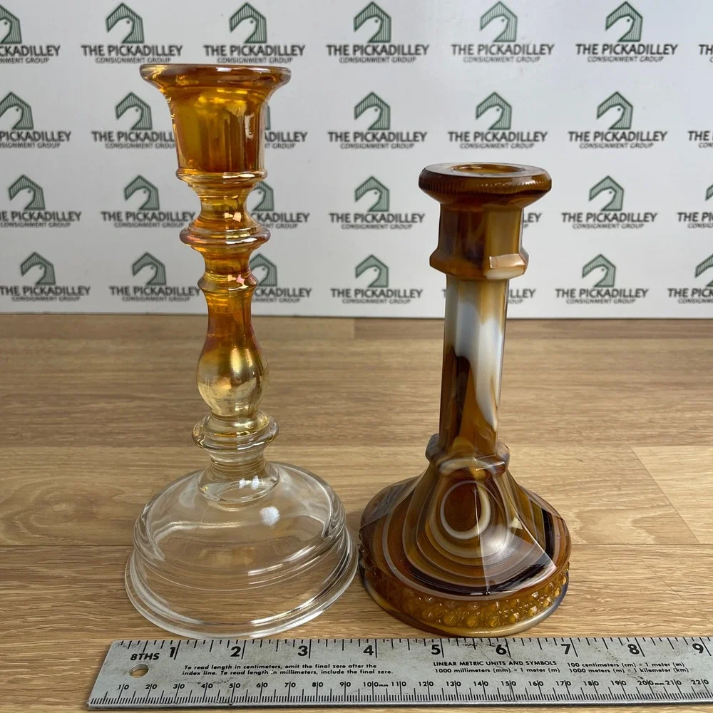 Vintage Amber Carnival Glass & Brown Slag Glass Taper Candlestick Holders Set 2